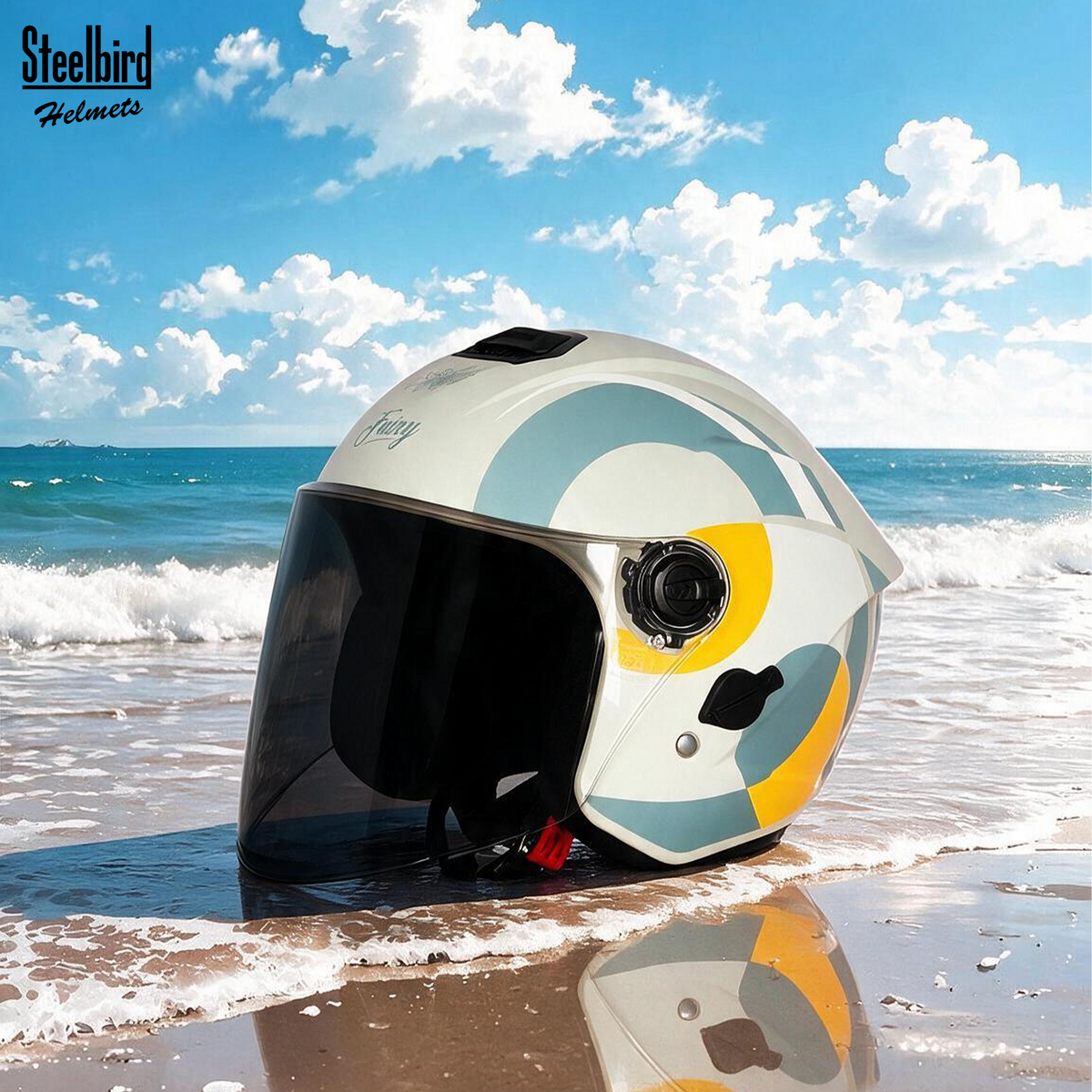 Steelbird SBH-80 Fairy FR4 ISI Certified Open Face Graphic Helmet for Women (Glossy Green Yellow with Smoke Visor)