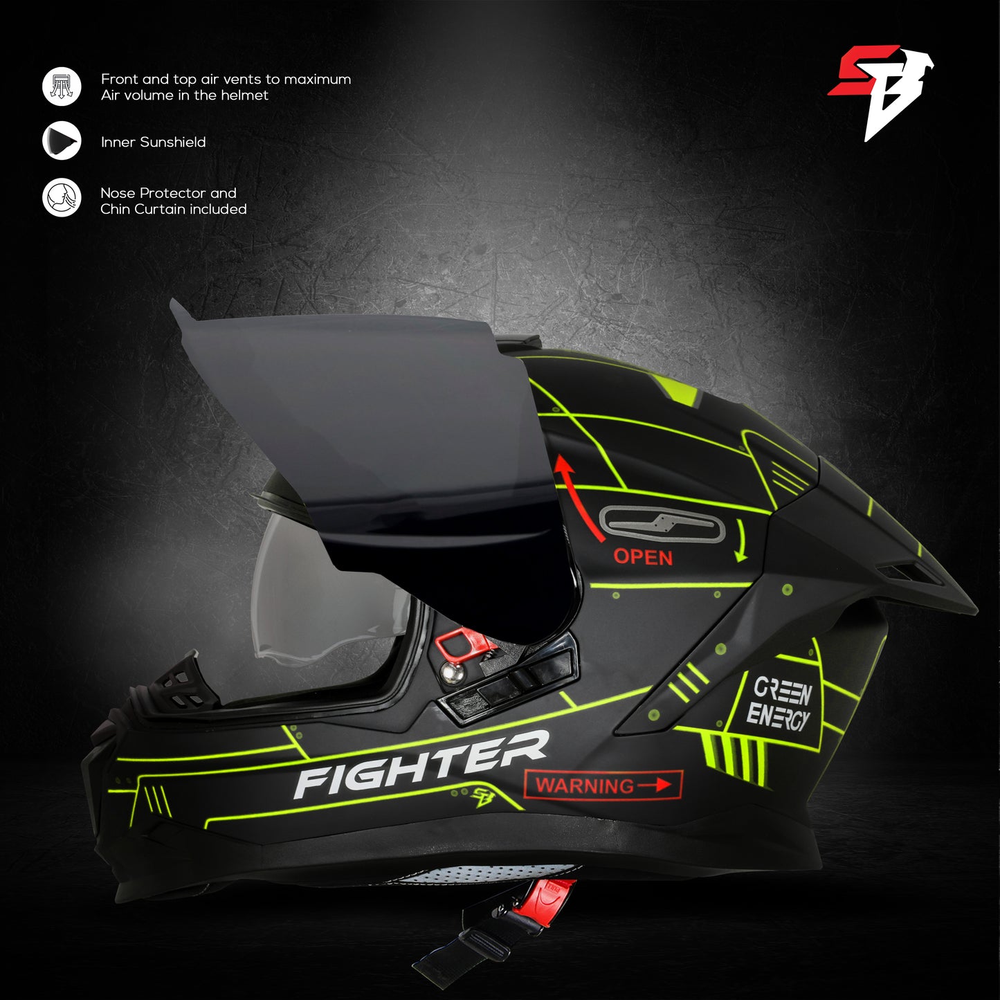 Steelbird SBH-57 Fighter F6 ISI and DOT Certified Full Face Graphic Helmet for Men and Women with Inner Silver Sun Shield (Glossy Black Neon)