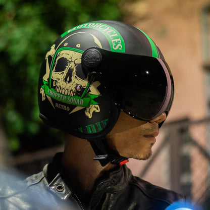 Steelbird SBH-54 Chopper Squad ISI Certified Open Face Helmet for Men and Women (Glossy Black Green)