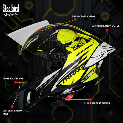 Steelbird SBA-20 Strange ISI Certified Flip-Up Graphic Helmet for Men and Women (Glossy Black Neon)