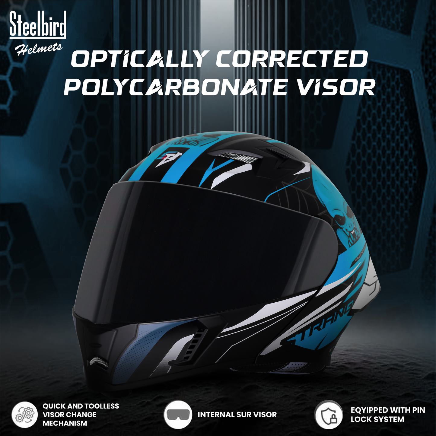 Steelbird SBA-20 Strange ISI Certified Flip-Up Graphic Helmet for Men and Women with Inner Silver Sun Shield (Glossy Black Jazz Blue with Smoke Visor)