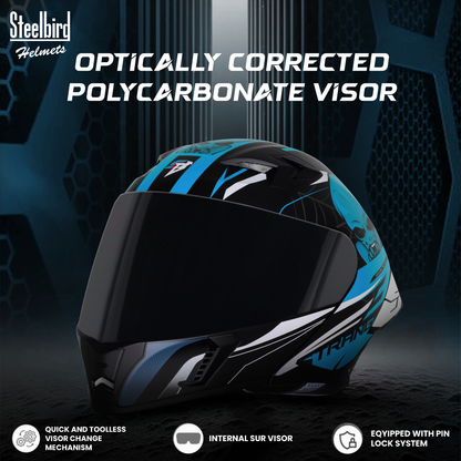 Steelbird SBA-20 Strange ISI Certified Flip-Up Graphic Helmet for Men and Women with Inner Silver Sun Shield (Glossy Black Jazz Blue with Smoke Visor)