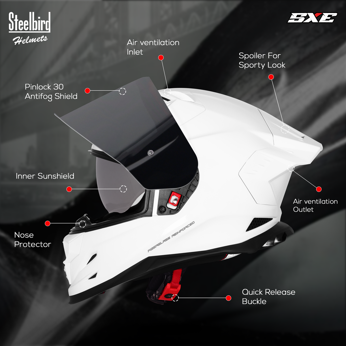 Steelbird SBH 61 Sxe Pinlock ISI and Dot Certified Full Face Motorbike Helmet (Glossy White with Smoke Visor)