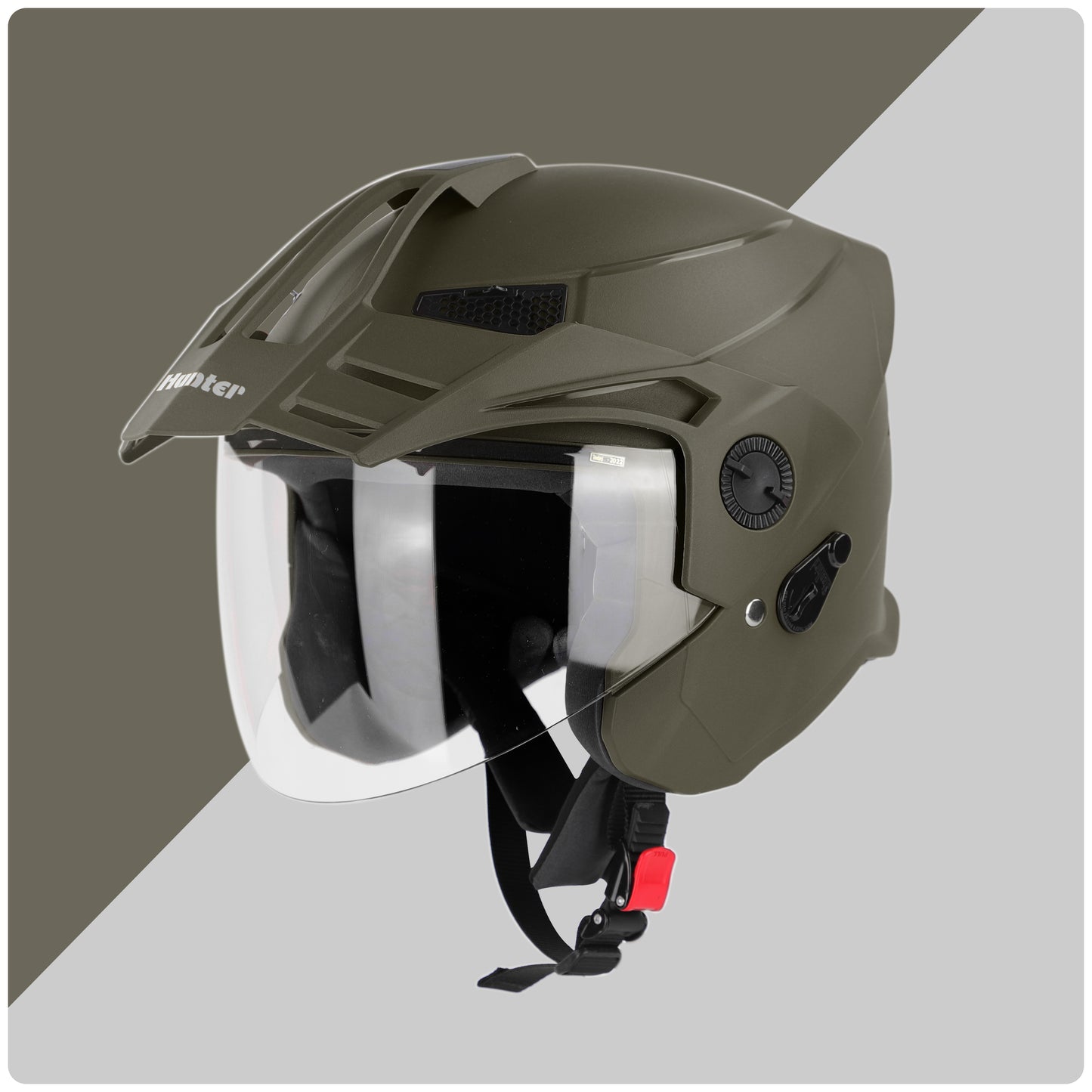 Steelbird SBH-23 Hunter ISI Certified Open Face Helmet for Men and Women (Dashing Battle Green with Clear Visor)
