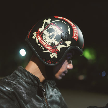Steelbird SBH-55 Chopper Squad ISI Certified Open Face Helmet for Men and Women (Glossy Black Red)