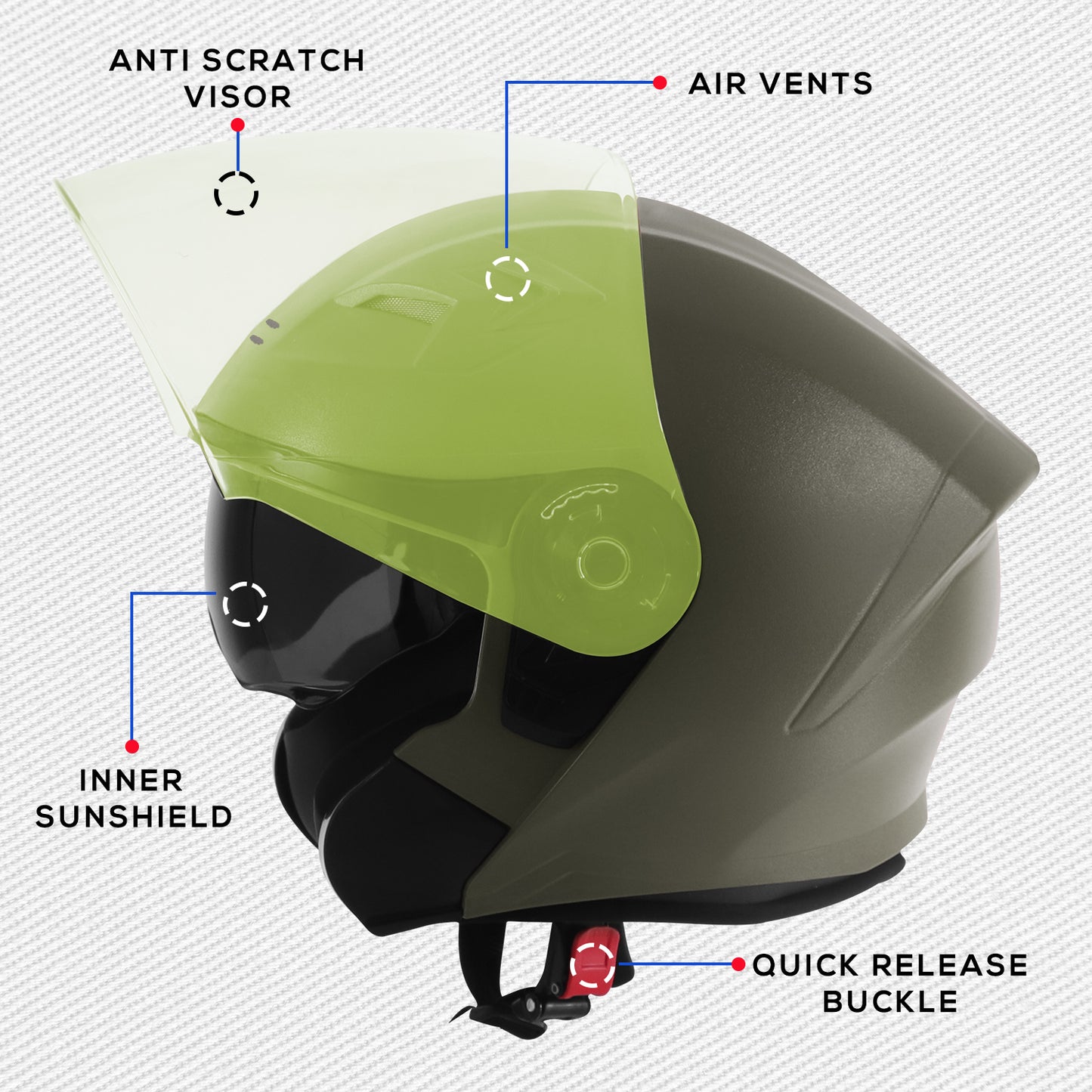 Steelbird SBA-17 7Wings ISI Certified Open Face Helmet for Men and Women with Inner Smoke Sun Shield (Dashing Battle Green with Tinted Yellow Visor)