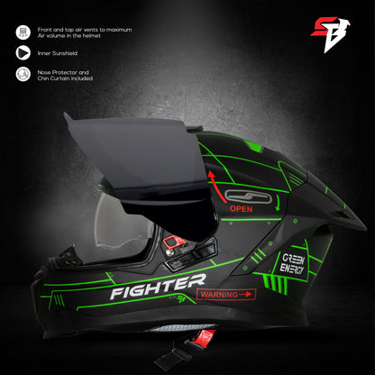 Steelbird SBH-57 Fighter F6 ISI and DOT Certified Full Face Graphic Helmet for Men and Women with Inner Silver Sun Shield (Glossy Black Green)