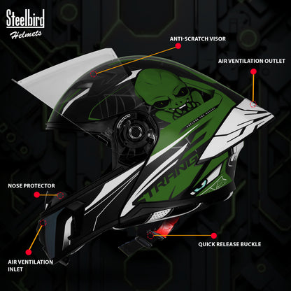 Steelbird SBA-20 Strange ISI Certified Flip-Up Graphic Helmet for Men and Women (Glossy Black Battle Green)