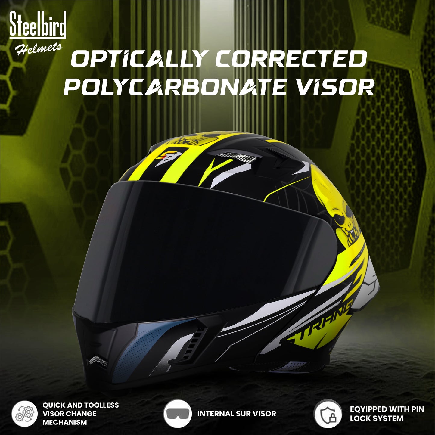 Steelbird SBA-20 Strange ISI Certified Flip-Up Graphic Helmet for Men and Women (Glossy Black Neon with Smoke Visor)