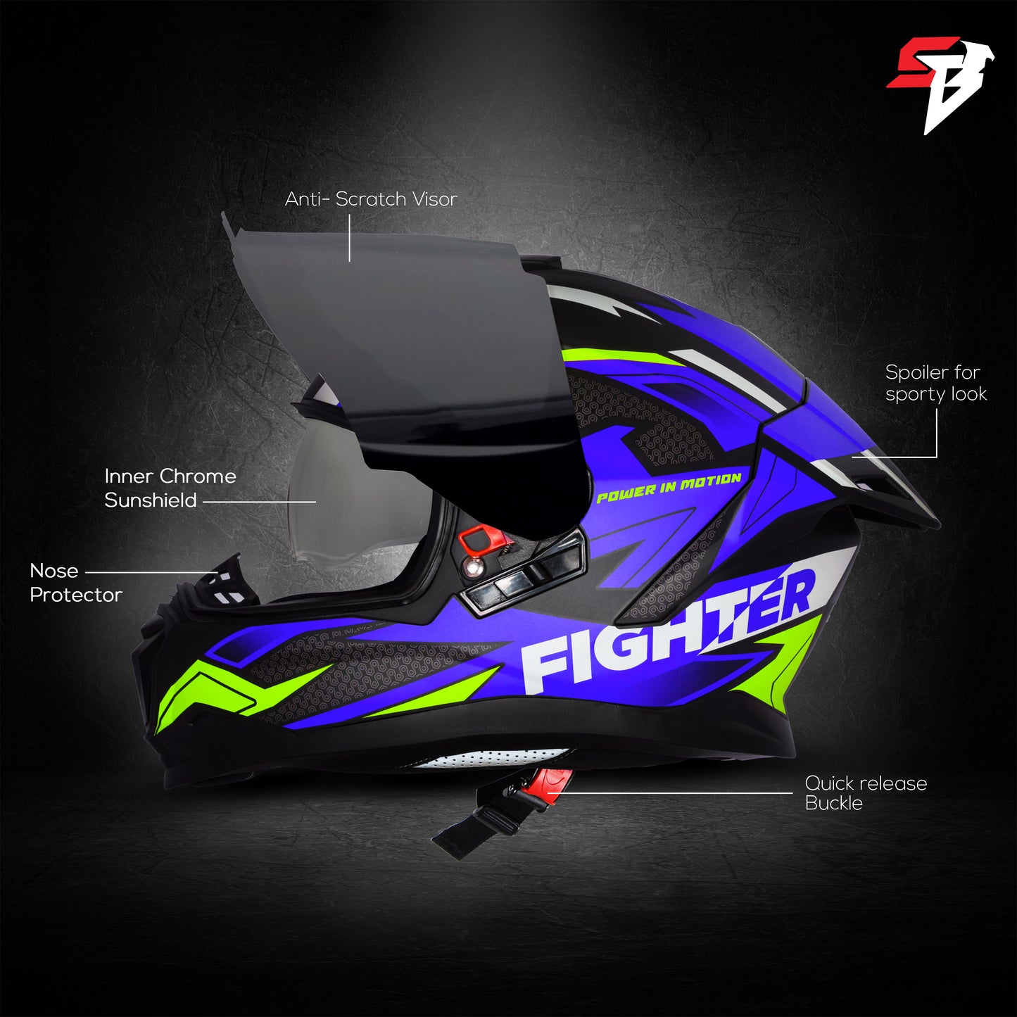 Steelbird SBH-57 Fighter F7 ISI and DOT Certified Full Face Graphic Helmet for Men and Women with Inner Silver Sun Shield (Glossy Black Blue)