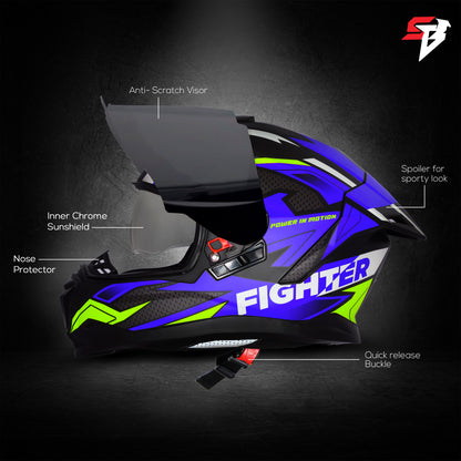 Steelbird SBH-57 Fighter F7 ISI and DOT Certified Full Face Graphic Helmet for Men and Women with Inner Silver Sun Shield (Glossy Black Blue)