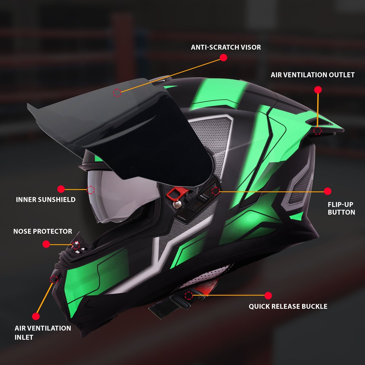 Steelbird SBH-57 Fighter F3 ISI and DOT Certified Full Face Helmet for Men and Women with Inner Silver Sun Shield (Glossy Black Green)