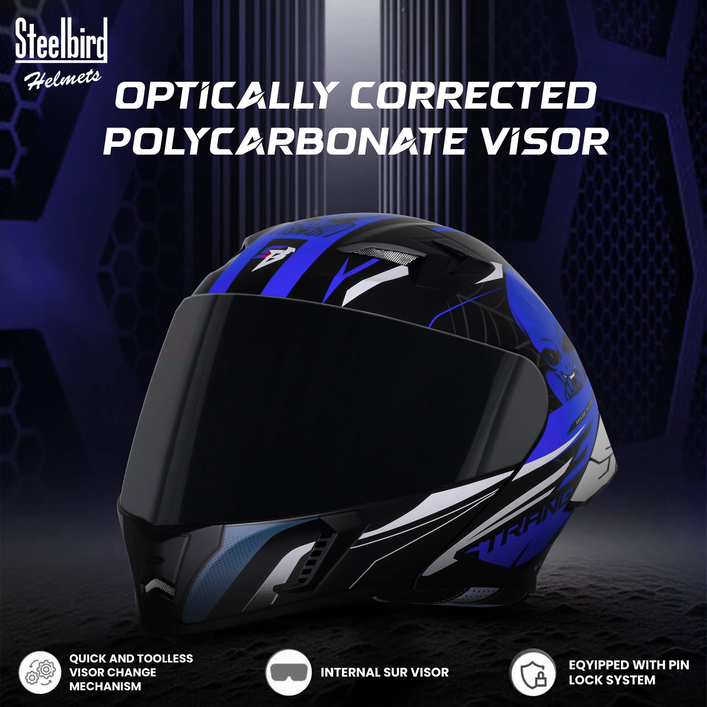 Steelbird SBA-20 Strange ISI Certified Flip-Up Graphic Helmet for Men and Women (Glossy Black Blue with Smoke Visor)