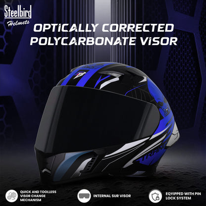 Steelbird SBA-20 Strange ISI Certified Flip-Up Graphic Helmet for Men and Women (Glossy Black Blue with Smoke Visor)