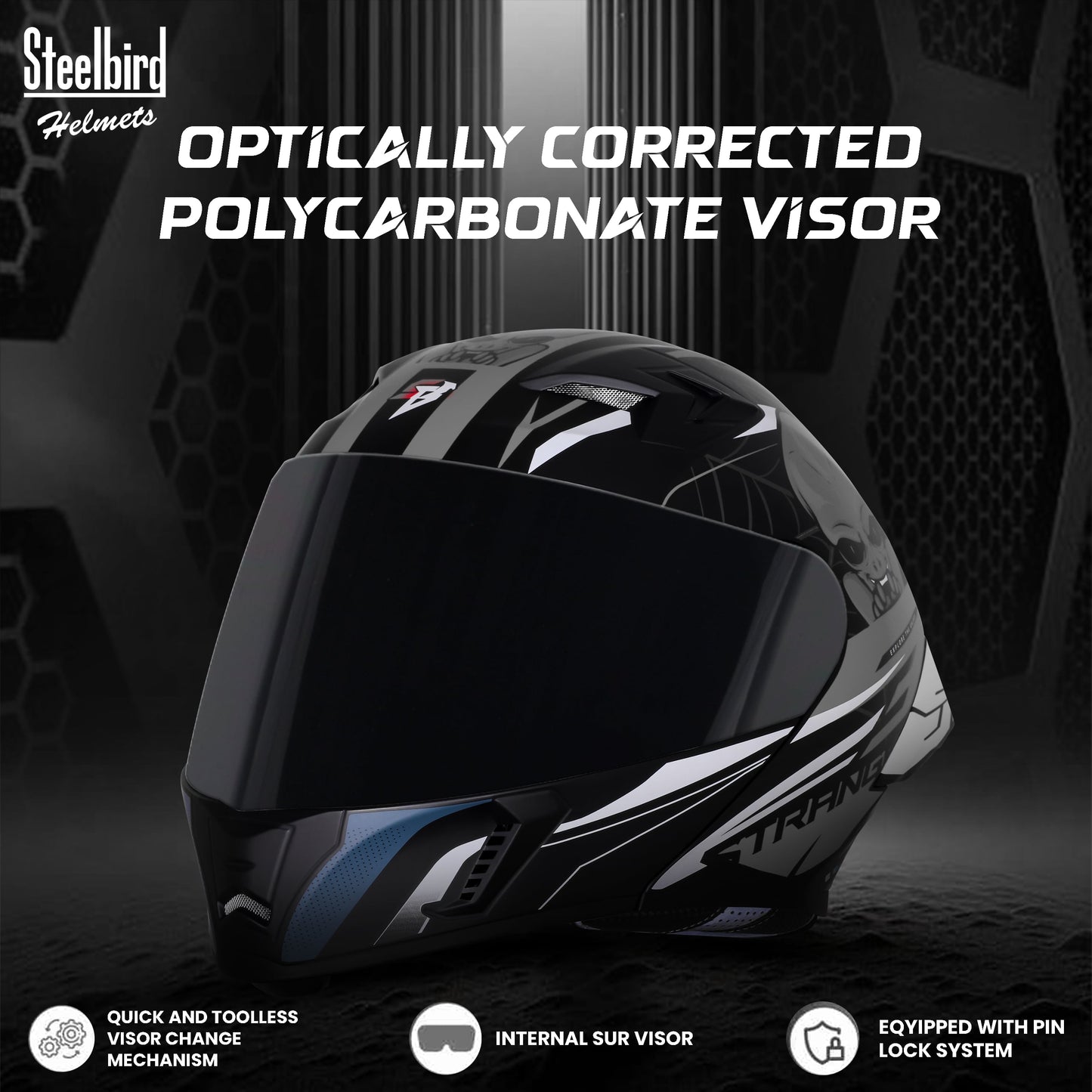 Steelbird SBA-20 Strange ISI Certified Flip-Up Graphic Helmet for Men and Women (Glossy Black Grey with Smoke Visor)