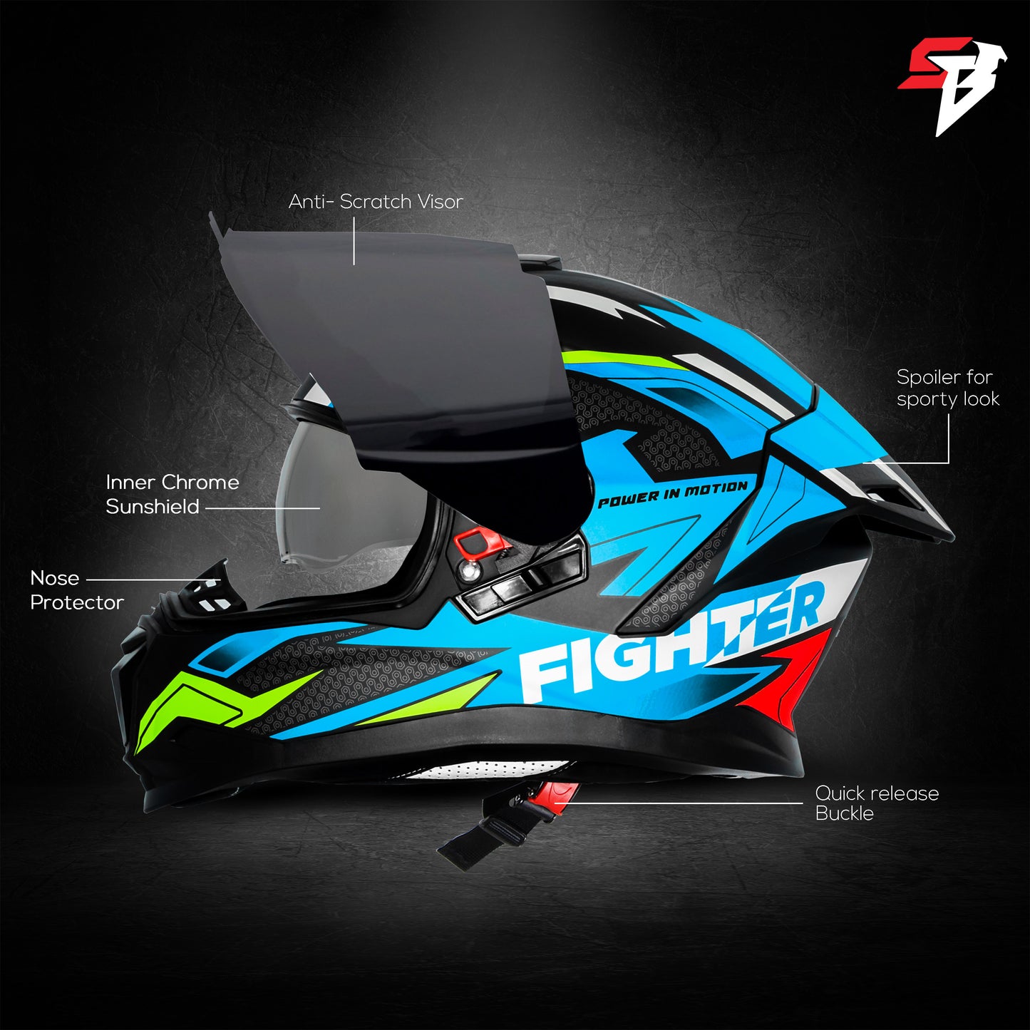 Steelbird SBH-57 Fighter F7 ISI and DOT Certified Full Face Graphic Helmet for Men and Women with Inner Silver Sun Shield (Glossy Black Jazz Blue)