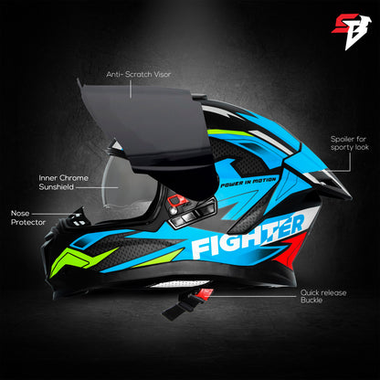 Steelbird SBH-57 Fighter F7 ISI and DOT Certified Full Face Graphic Helmet for Men and Women with Inner Silver Sun Shield (Glossy Black Jazz Blue)