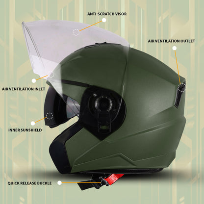Steelbird SBA-9 7Wings  ISI Certified Open Face Helmet for Men and Women with Inner Smoke Sun Shield (Dashing Battle Green)