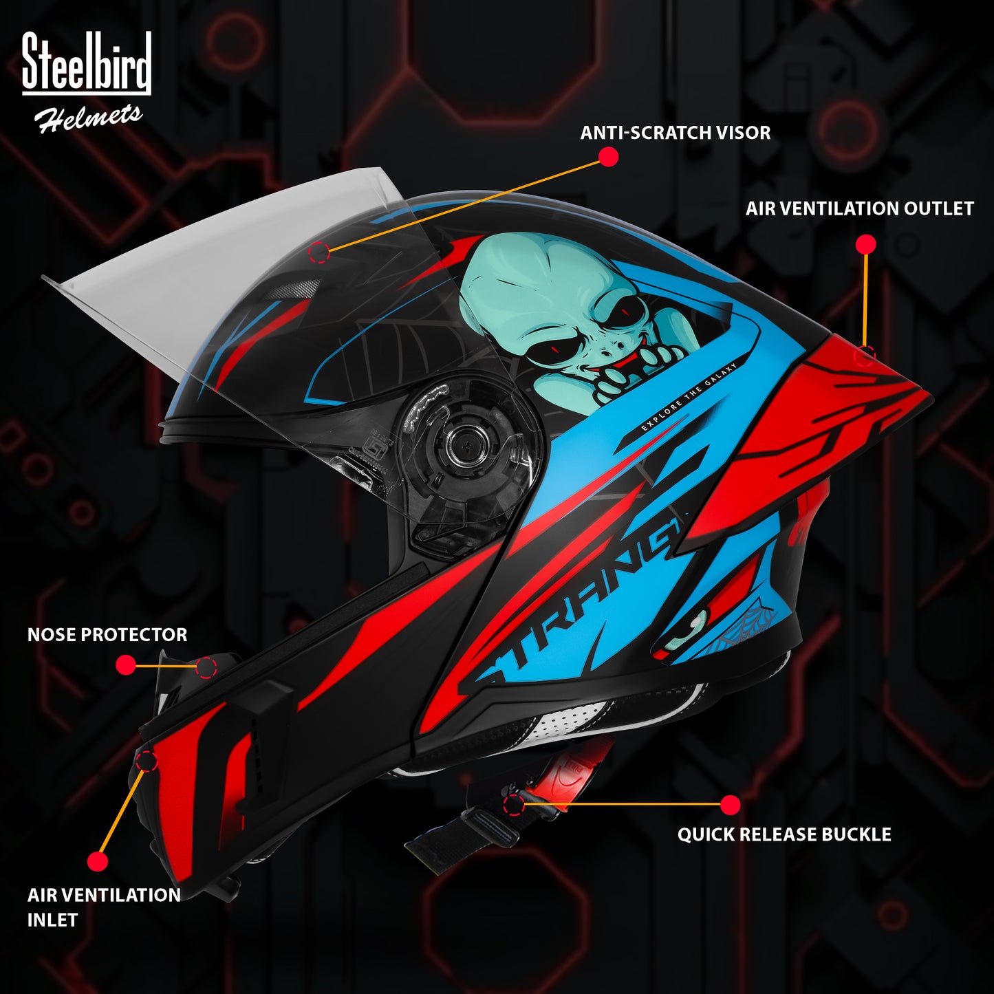 Steelbird SBA-20 Strange ISI Certified Flip-Up Graphic Helmet for Men and Women (Glossy Black Cyan Green)