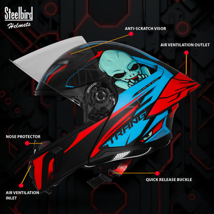 Steelbird SBA-20 Strange ISI Certified Flip-Up Graphic Helmet for Men and Women (Glossy Black Cyan Green)
