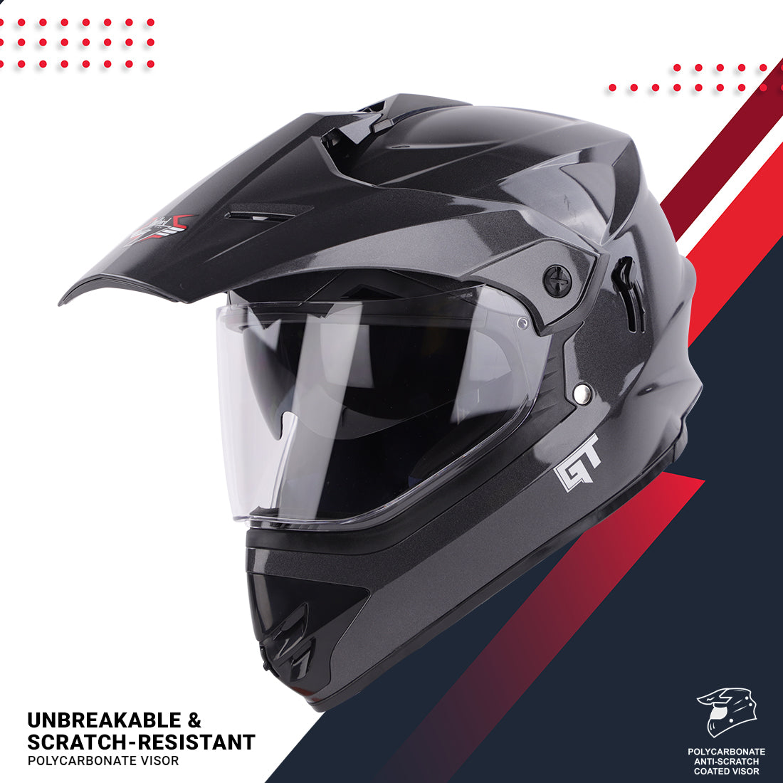 Steelbird GT Off Road ISI Certified Motocross Double Visor Full Face Helmet Outer Clear Visor and Inner Smoke Sun Shield (Glossy Axis Grey)