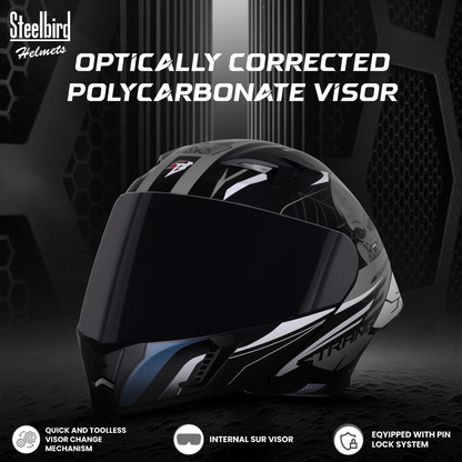 Steelbird SBA-20 Strange ISI Certified Flip-Up Graphic Helmet for Men and Women with Inner Silver Sun Shield (Glossy Black Grey with Smoke Visor)
