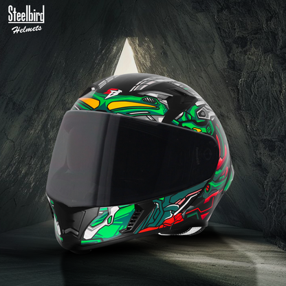 Steelbird SBA-20 ROBO ISI Certified Flip-Up Graphic Helmet for Men with Inner Sun Shield (Glossy Black Green with Smoke Visor)