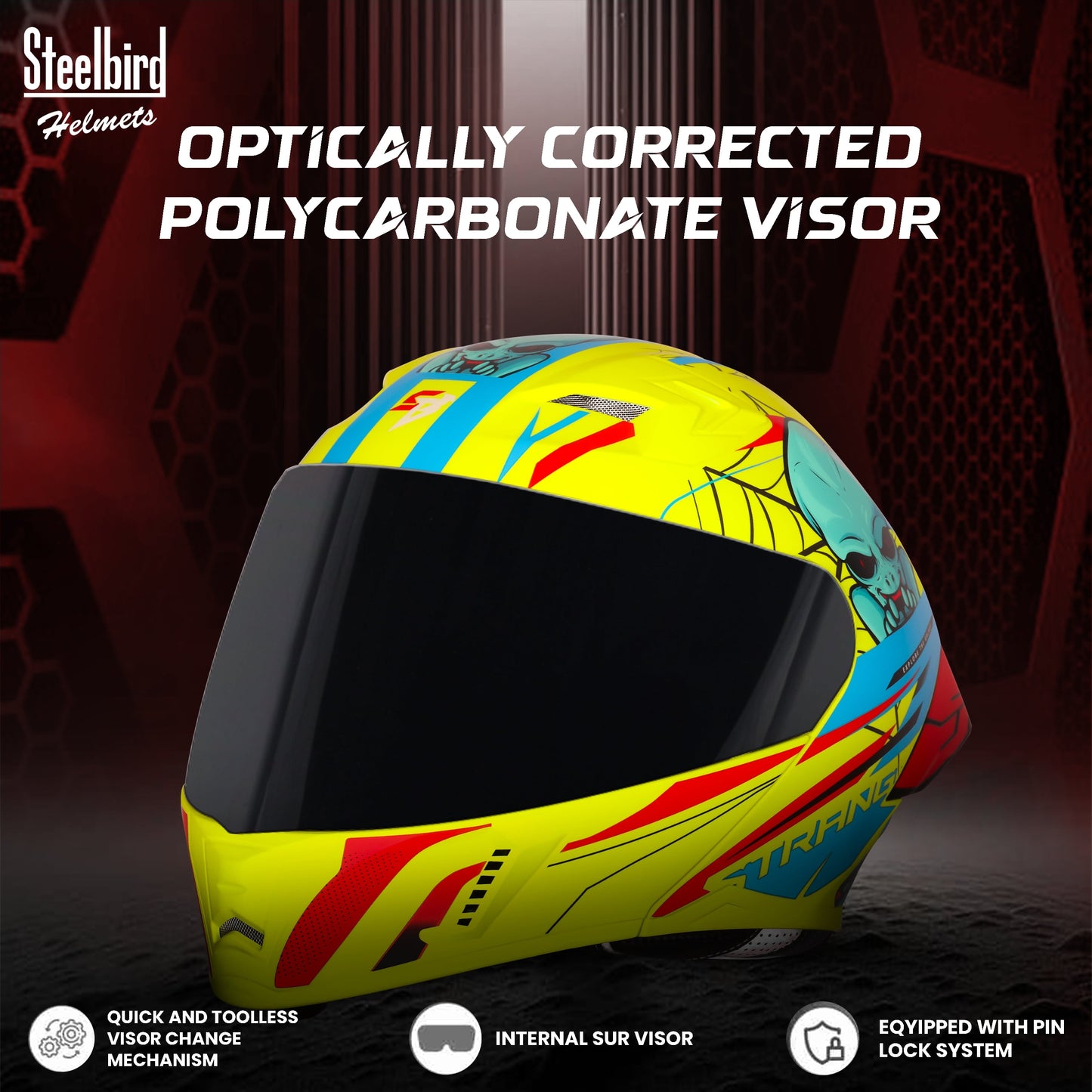 Steelbird SBA-20 Strange ISI Certified Flip-Up Graphic Helmet for Men and Women (Glossy Fluo Neon Cyan Green  with Smoke Visor)