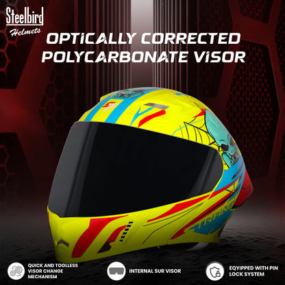Steelbird SBA-20 Strange ISI Certified Flip-Up Graphic Helmet for Men and Women (Glossy Fluo Neon Cyan Green  with Smoke Visor)