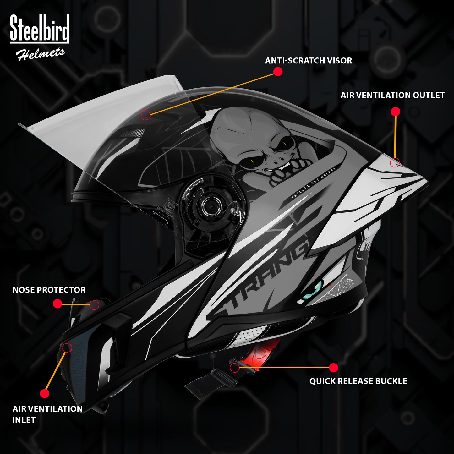 Steelbird SBA-20 Strange ISI Certified Flip-Up Graphic Helmet for Men and Women (Glossy Black Grey)