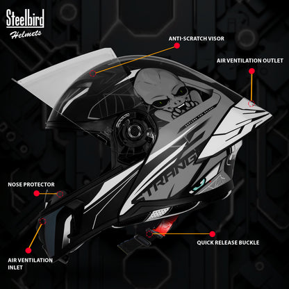 Steelbird SBA-20 Strange ISI Certified Flip-Up Graphic Helmet for Men and Women (Glossy Black Grey)