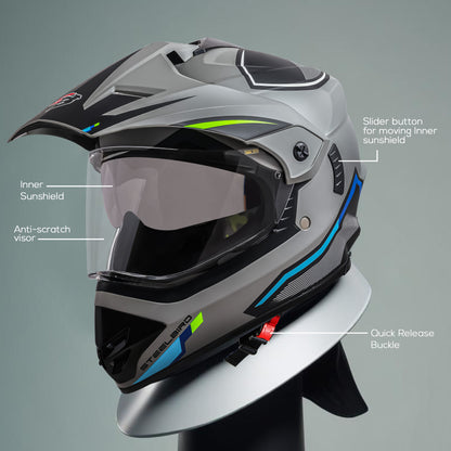 Steelbird Racer Off Road ISI Certified Motocross Double Visor Full Face Graphic Helmet Outer Clear Visor and Inner Silver Sun Shield (Glossy Grey Green)
