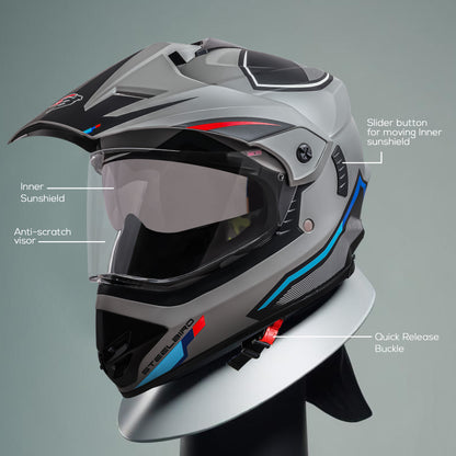Steelbird Racer Off Road ISI Certified Motocross Double Visor Full Face Graphic Helmet Outer Clear Visor and Inner Silver Sun Shield (Glossy Grey Red)