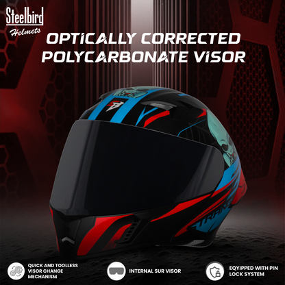 Steelbird SBA-20 Strange ISI Certified Flip-Up Graphic Helmet for Men and Women with Inner Silver Sun Shield (Glossy Black Cyan Green with Smoke Visor)
