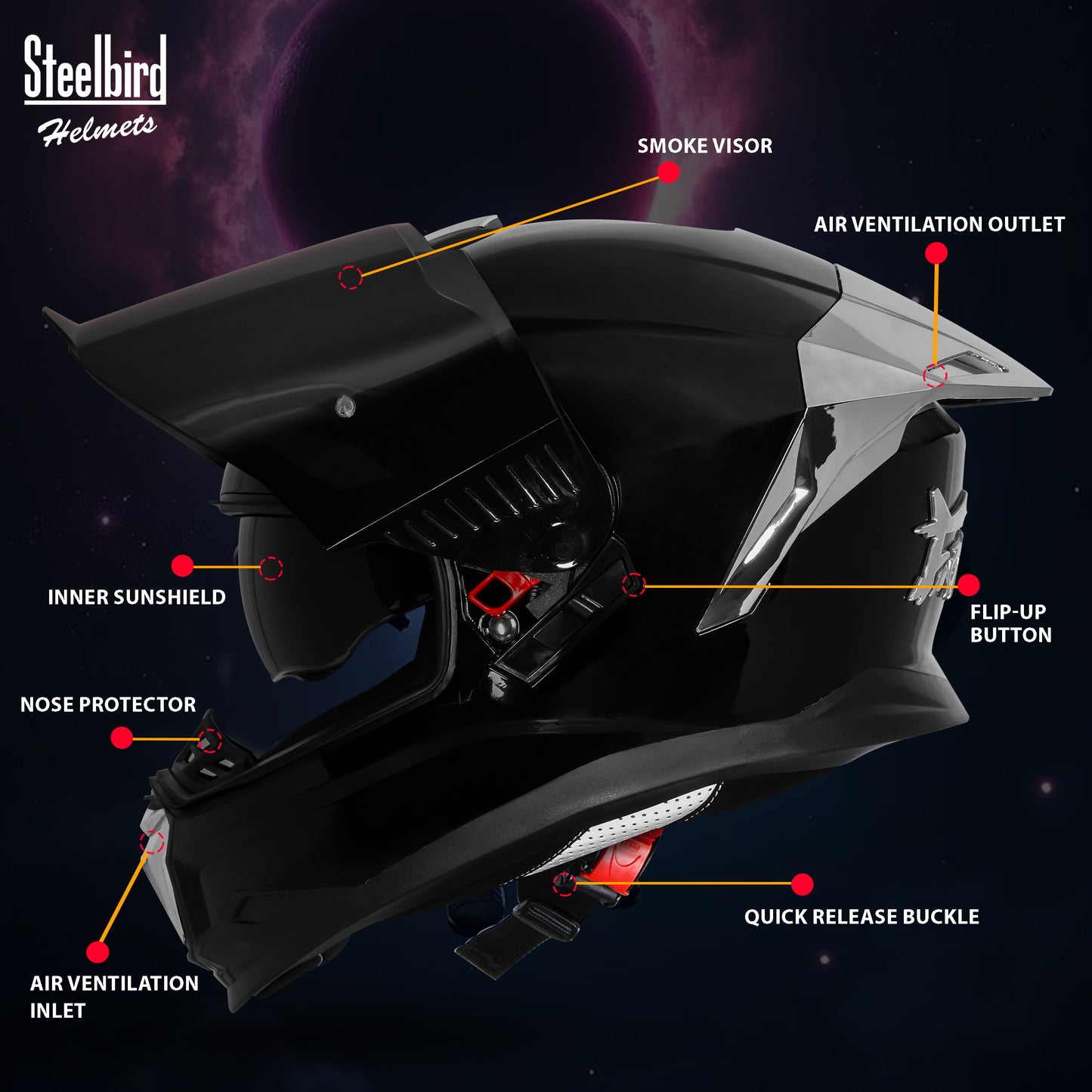 Steelbird SBH-57 Fighter F9 ISI and DOT Certified Full Face Helmet for Men and Women with Inner Silver Sun Shield and Silver Spoiler (Glossy Black)