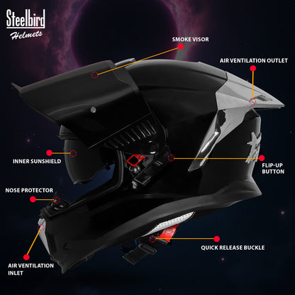 Steelbird SBH-57 Fighter F9 ISI and DOT Certified Full Face Helmet for Men and Women with Inner Silver Sun Shield and Silver Spoiler (Glossy Black)