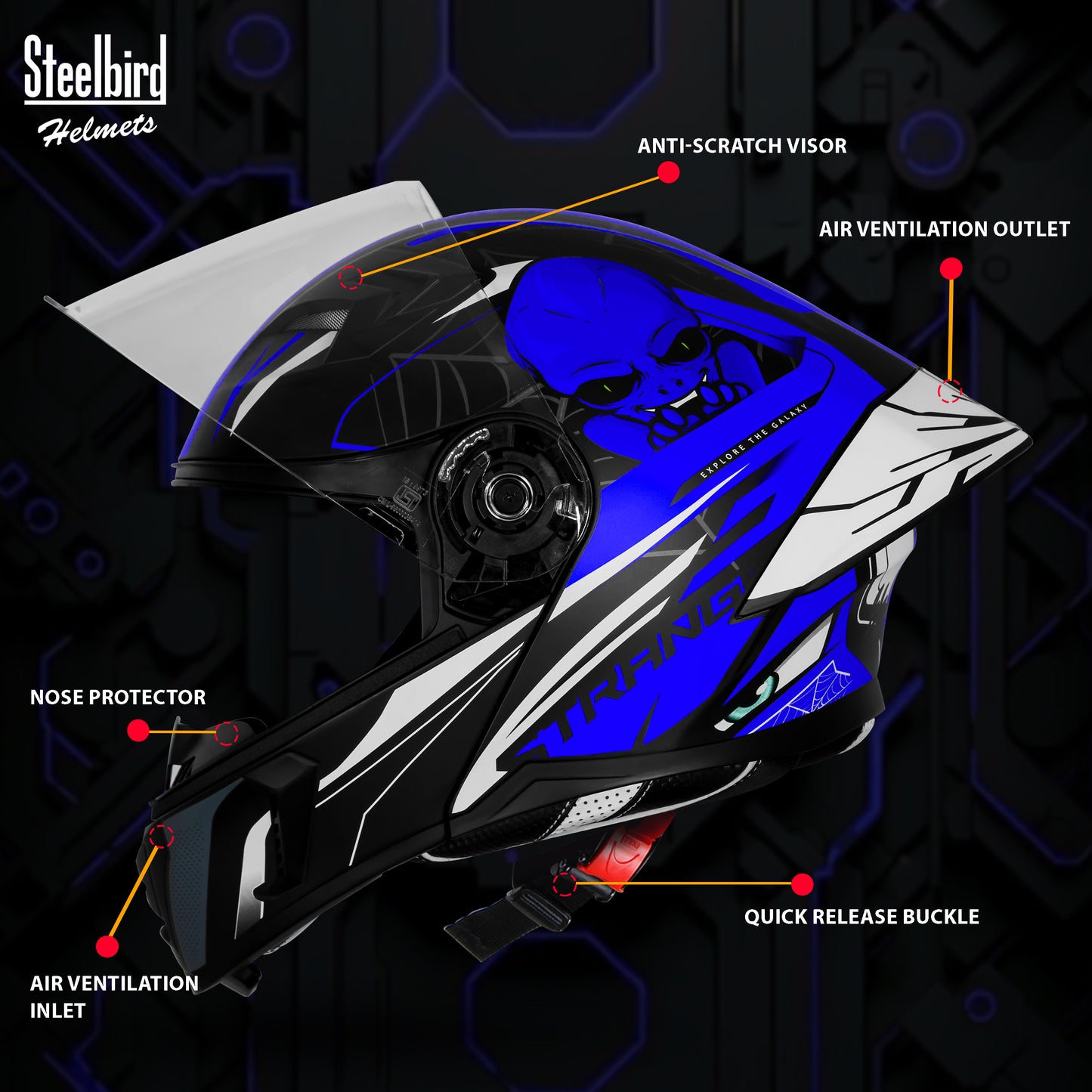 Steelbird SBA-20 Strange ISI Certified Flip-Up Graphic Helmet for Men and Women (Glossy Black Blue)