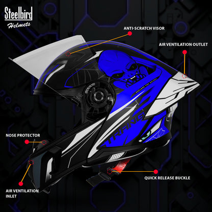 Steelbird SBA-20 Strange ISI Certified Flip-Up Graphic Helmet for Men and Women (Glossy Black Blue)