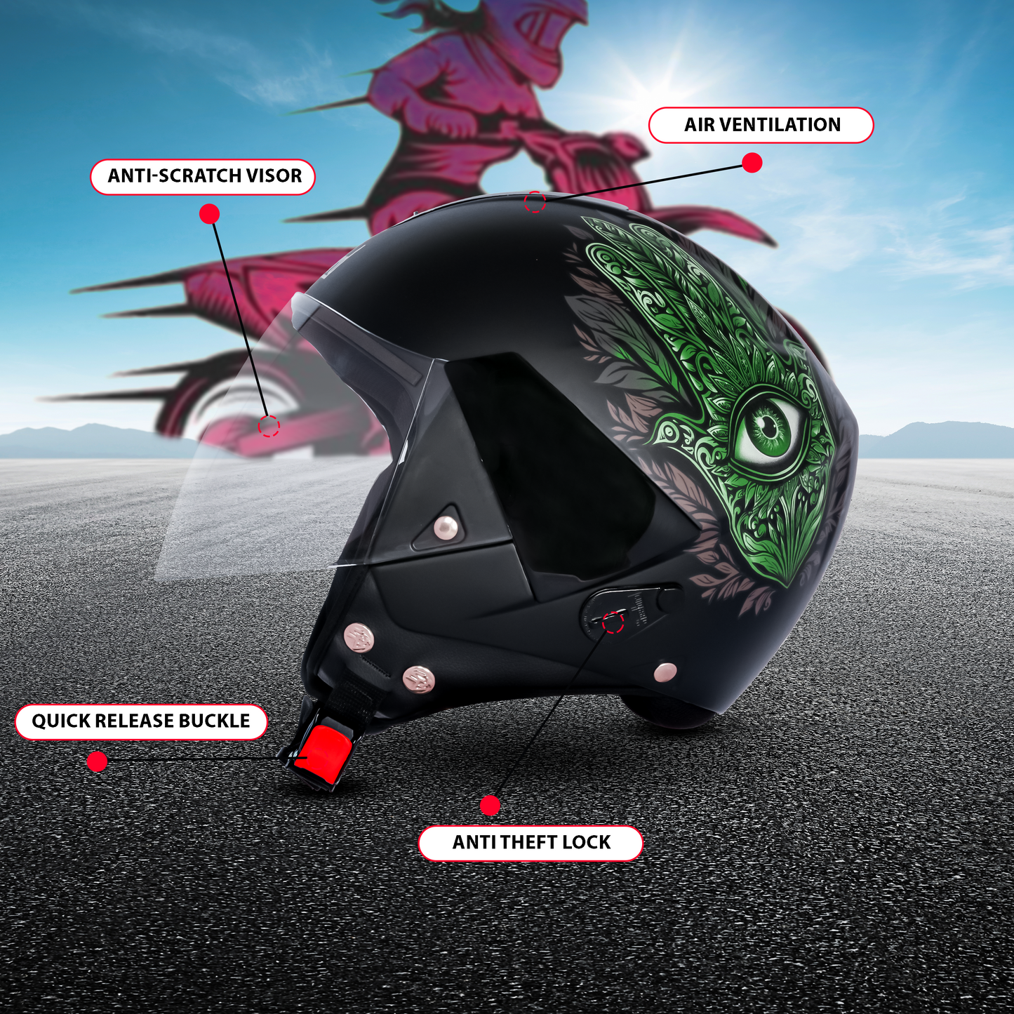 SBH-5 Hamsa Eye Graphic Helmet ISI Certified Open Face Helmet for Women (Glossy Black Green)