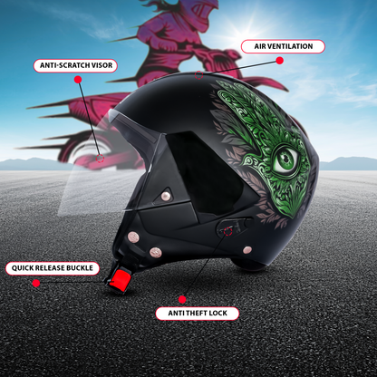 SBH-5 Hamsa Eye Graphic Helmet ISI Certified Open Face Helmet for Women (Glossy Black Green)