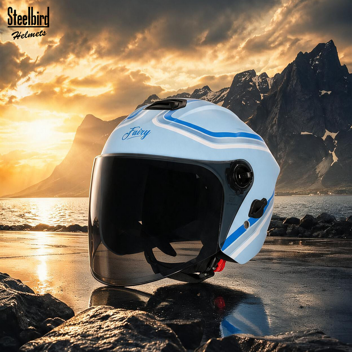 Steelbird SBH-80 Fairy FR6 ISI Certified Open Face Graphic Helmet for Women (Glossy Sea Blue Blue with Smoke Visor)