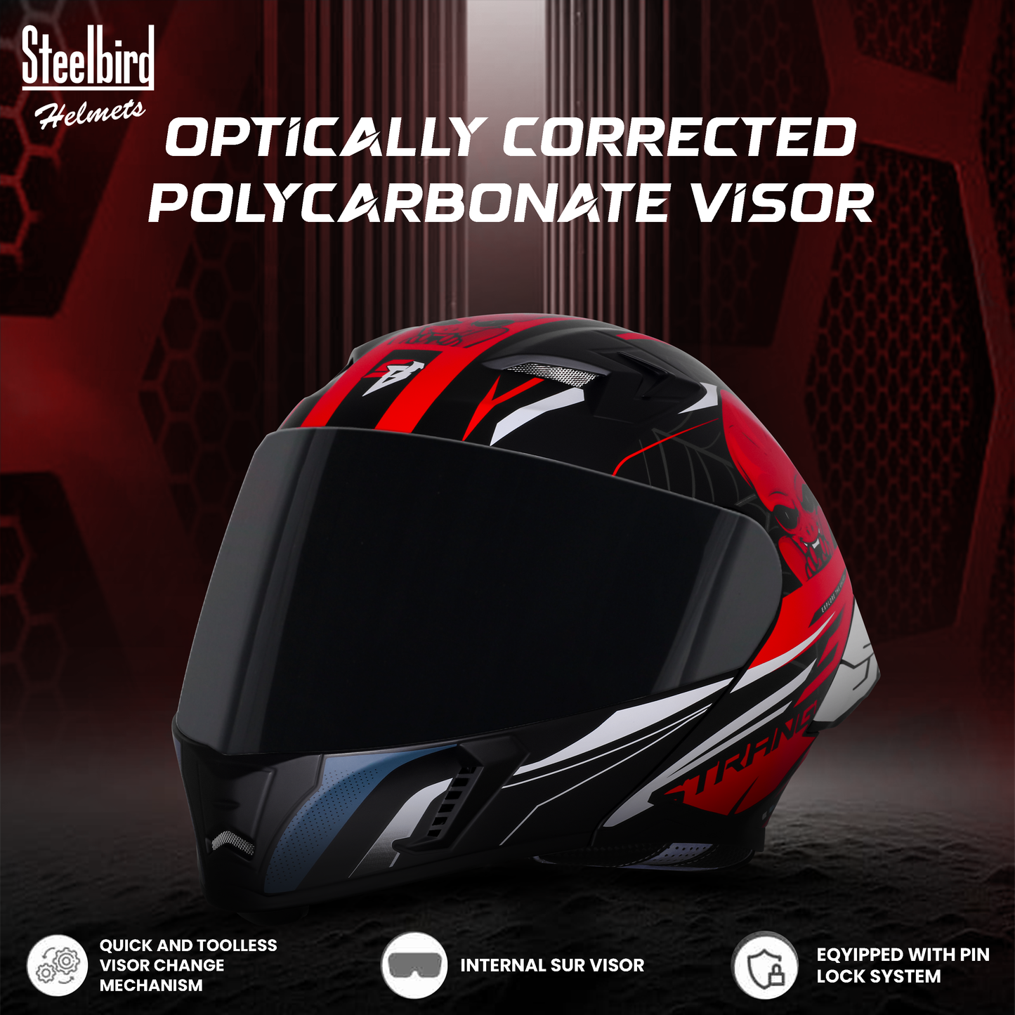 Steelbird SBA-20 Strange ISI Certified Flip-Up Graphic Helmet for Men and Women with Inner Silver Sun Shield (Glossy Black Red with Smoke Visor)