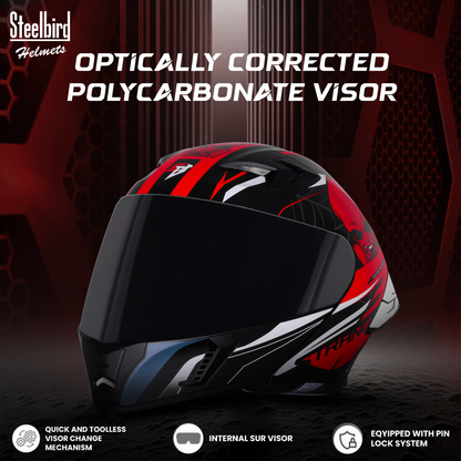 Steelbird SBA-20 Strange ISI Certified Flip-Up Graphic Helmet for Men and Women with Inner Silver Sun Shield (Glossy Black Red with Smoke Visor)