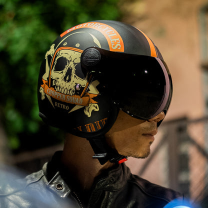 Steelbird SBH-54 Chopper Squad ISI Certified Open Face Helmet for Men and Women (Glossy Black Orange)