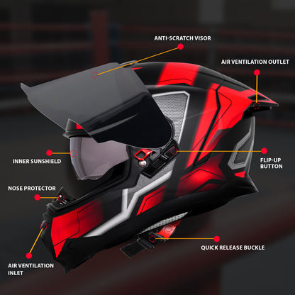 Steelbird SBH-57 Fighter F3 ISI and DOT Certified Full Face Helmet for Men and Women with Inner Silver Sun Shield (Glossy Black Red)