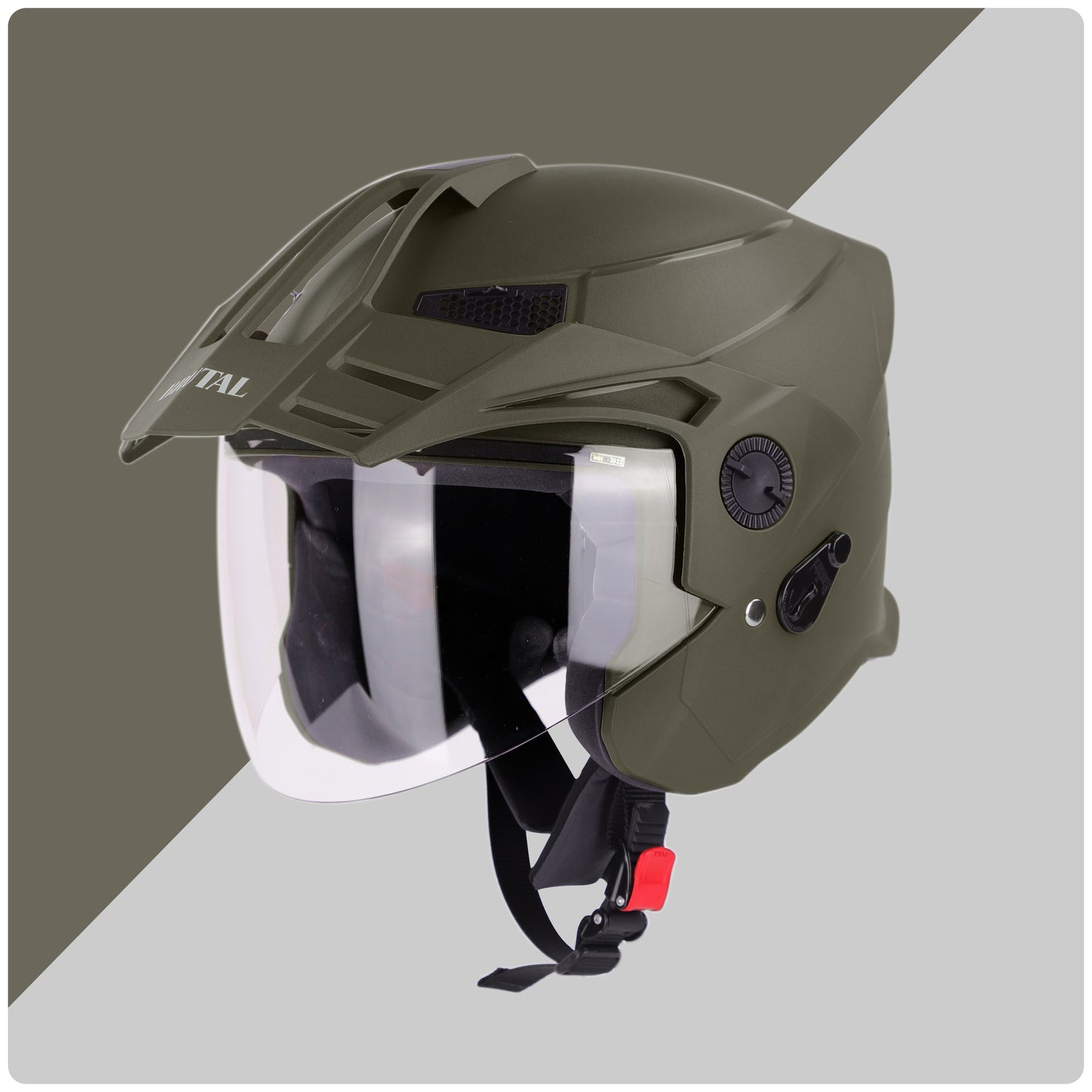 Steelbird SBH-23 Brutal ISI Certified Open Face Helmet for Men and Women (Dashing Battle Green with Clear Visor)