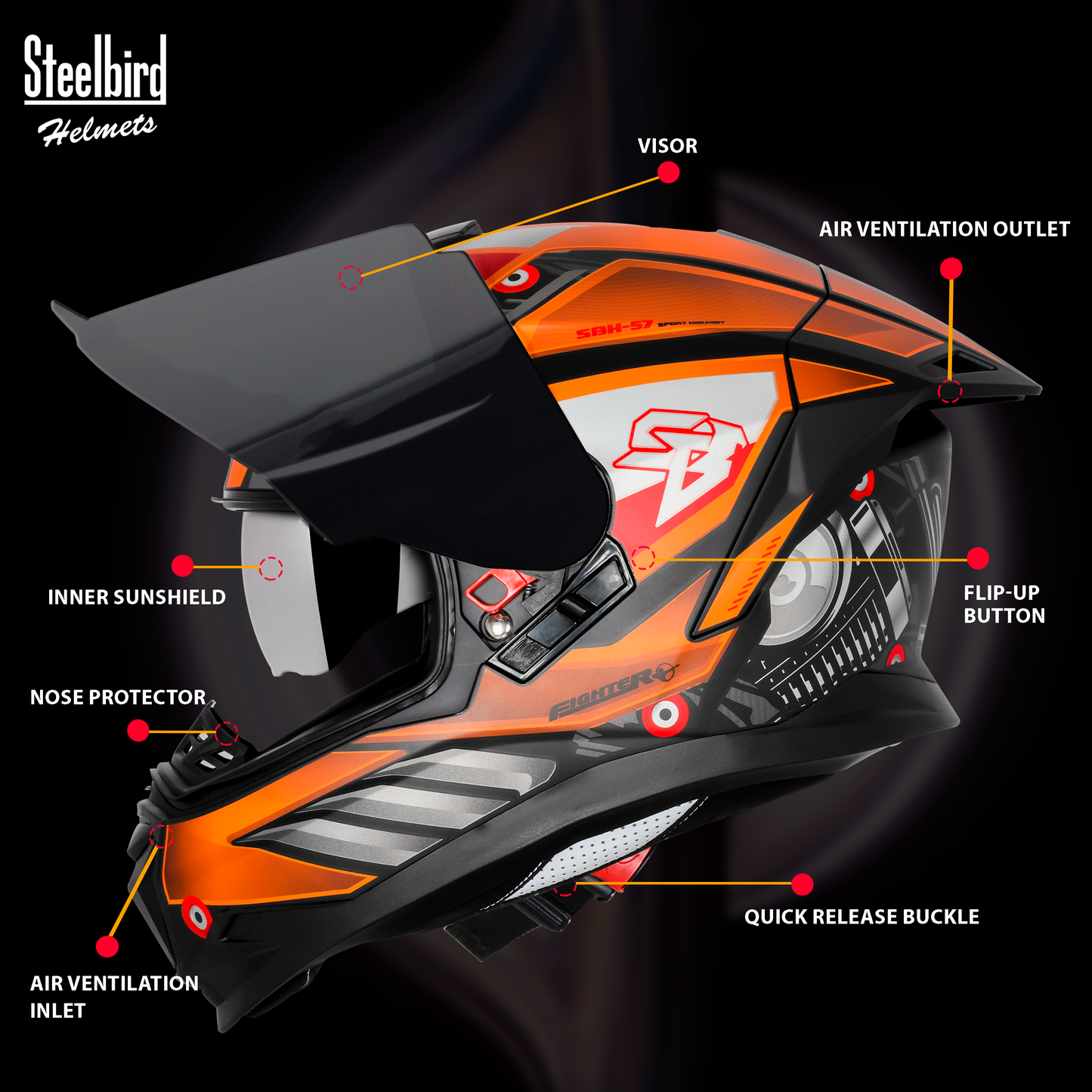 Steelbird SBH-57 Fighter F8 ISI and DOT Certified Full Face Graphic Helmet for Men and Women with Inner Silver Sun Shield (Glossy Black Orange)