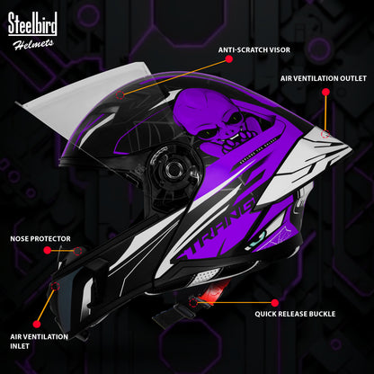 Steelbird SBA-20 Strange ISI Certified Flip-Up Graphic Helmet for Men and Women (Glossy Black Purple)