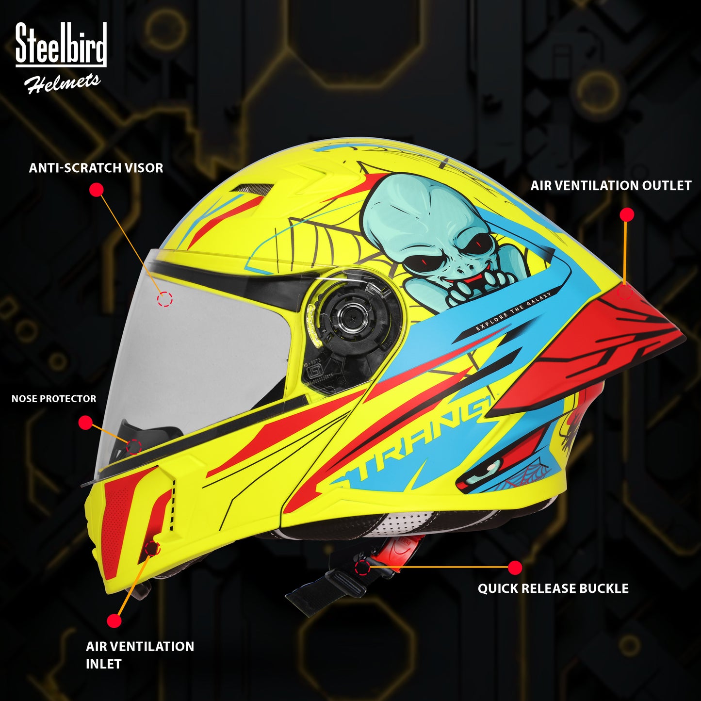 Steelbird SBA-20 Strange ISI Certified Flip-Up Graphic Helmet for Men and Women (Glossy Fluo Neon Cyan Green)