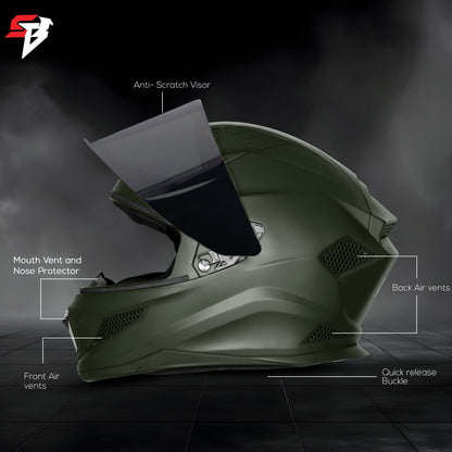 Steelbird SBH-25 Rudra ISI Certified Full Face Helmet for Men and Women (Dashing Battle Green With Smoke Visor)